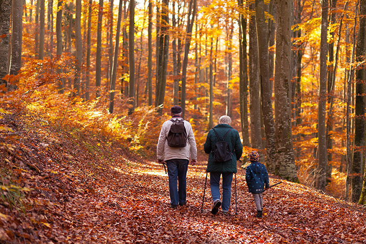 Grandparents hiking with grandchild during Autumn