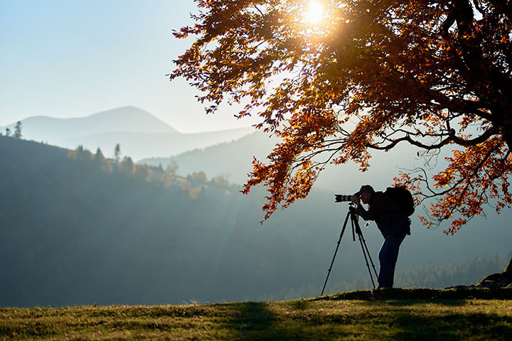 Hiker photographer taking picture of misty mountain landscape using camera on tripod on quiet autumn evening, standing on grassy valley under large tree with golden leaves under blue sky at sunset.